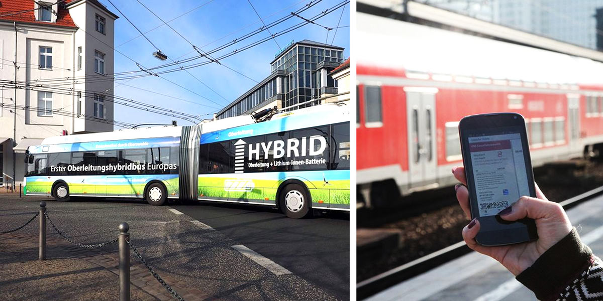 Eine Fotomontage mit einem Oberleitungsbus links und einem Smartphone in einer Menschenhand auf einem Bahnsteig