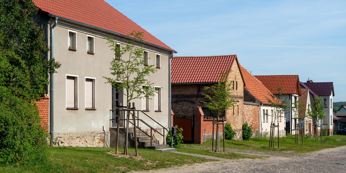 Eine Dorfstraße, an der modernisierte und alte Häuser stehen