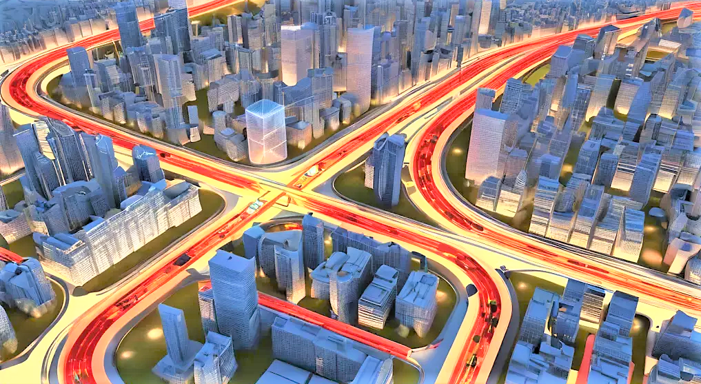 Durch künstliche Intelligenz generierte Darstellung einer Stadtansicht mit hervorgehobenen Verkehrsströmen
