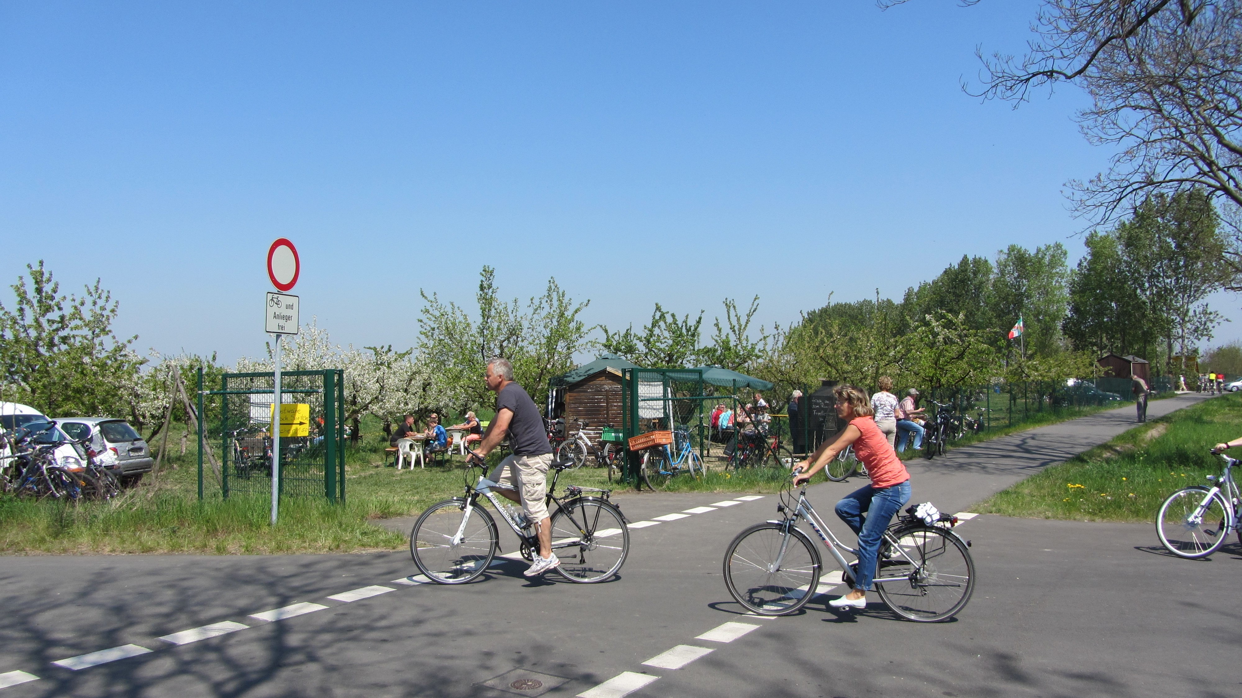 Zwei Fahrräder überqueren einen Weg, im Hintergrund treffen sich Fahrradfahrende zu einem Picknick