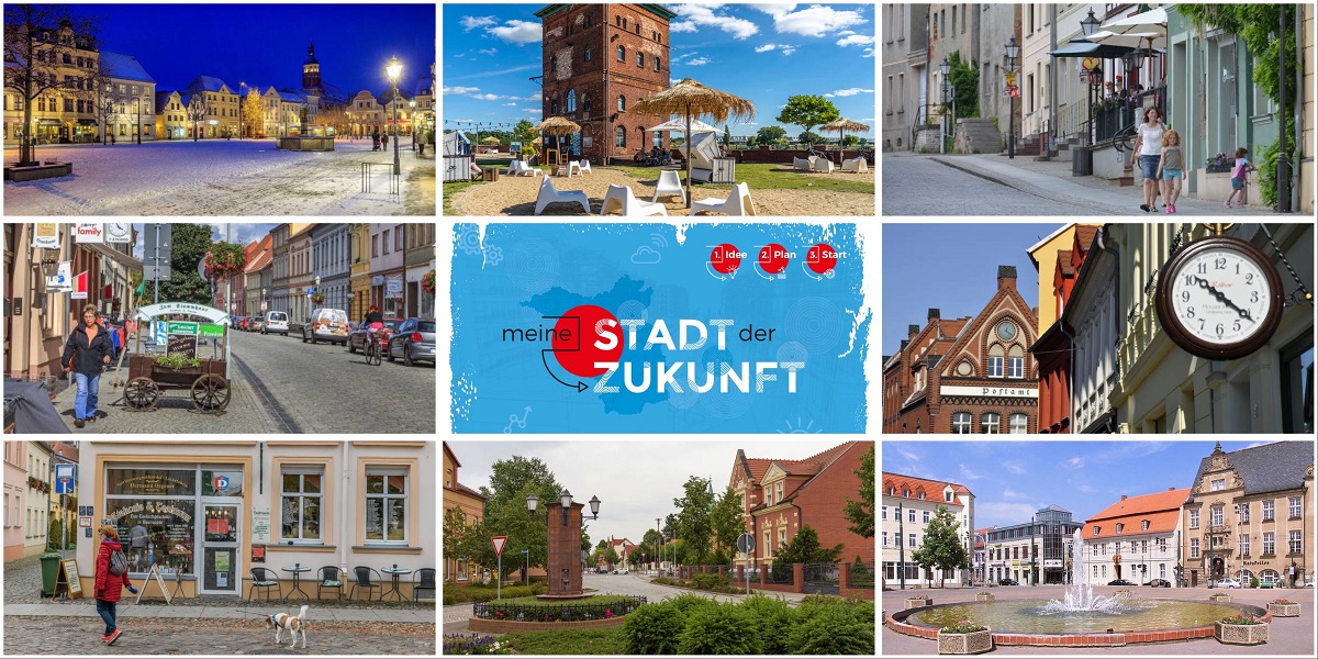 Collage der acht Städte, die den Wettbewerb "Meine Stadt der Zukunft" gewinnen konnten