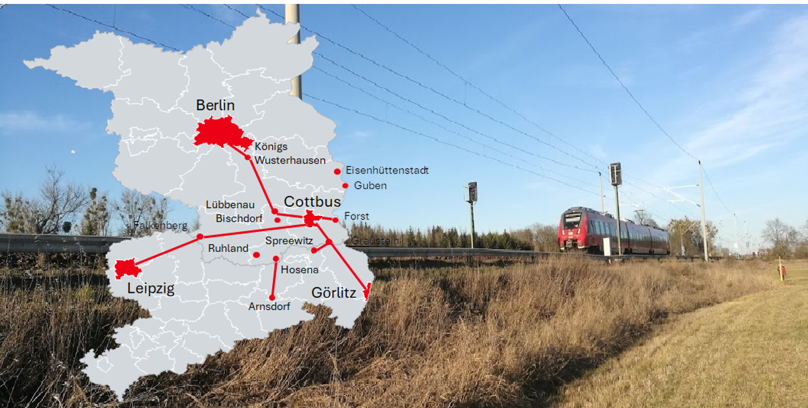 Auf einem Foto mit einem Regionalexpress wurde ein Bild vom Land Brandenburg mit der Lausitz-Region abgebildet