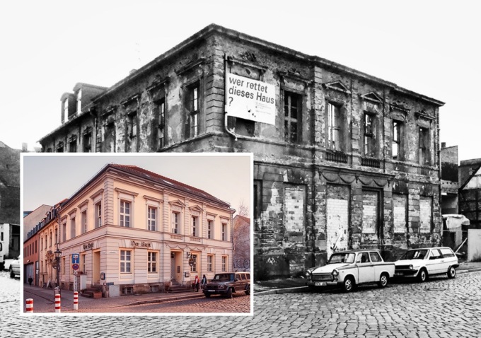 Collage aus altem Haus mit Plakat "Wer rettet dieses Haus?" und saniertem Gebäude 