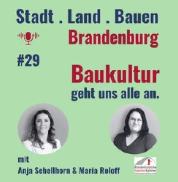 Podcast-Titelfoto mit Ankündigung "Baukultur geht uns alle an". Mit Anja Schellhorn und Maria Roloff