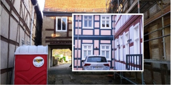 Vorher-Nachher-Foto von Haus, vorher sanierungsbedürftig
