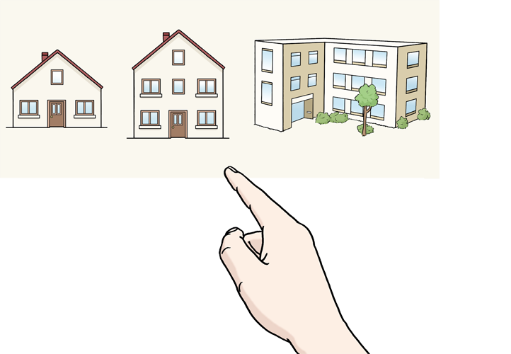 Ein Finger zeigt auf verschiedene Wohnhäuser