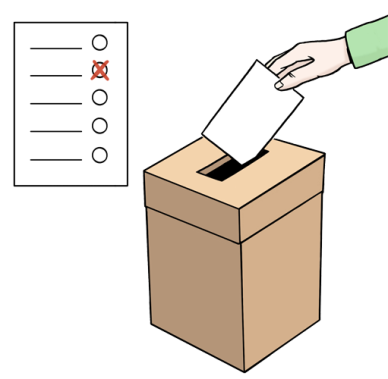 Hand steckt einen Wahlzettel in einen Kasten